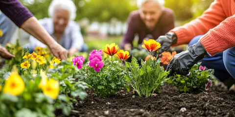 Eine Gruppe von Senioren pflanzt Blumen im Blumenbeet