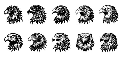 Set of detailed eagle head vector illustrations - Collection of ten black and white vector illustrations of eagle heads, designed in a bold, fierce, and detailed style for logos or tattoos.