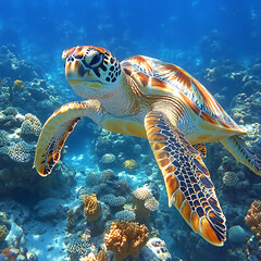 Fototapeta premium Green sea turtle glides through the blue tropical ocean, a magnificent marine reptile gracefully swimming over a vibrant coral reef