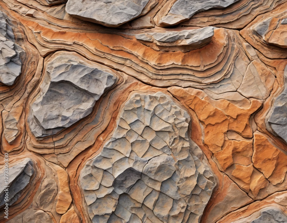 Poster Textured Stone Formations Abstract Natural Appearance...Gray and Orange Hues Contrast...Layered Wavy Patterns Enhance Depth...Rugged Organic Aesthetic.