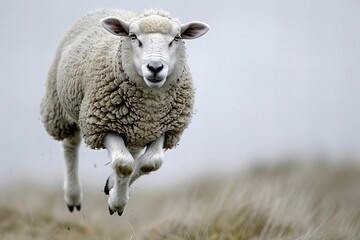 Obraz premium Sheep leaping in excitement against a simple white backdrop