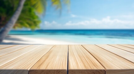 Fototapeta premium Wooden table in foreground with a vibrant blurred tropical beach scene in background : Generative AI