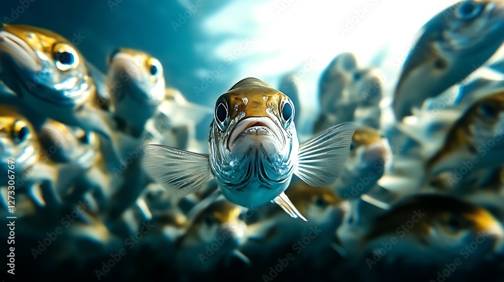 Aufkleber engaging close-up of a fish adventurously swimming through the depths with sunlight filtering throug