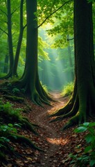 Obraz premium Winding forest path beneath exposed tree roots, decay, woodland