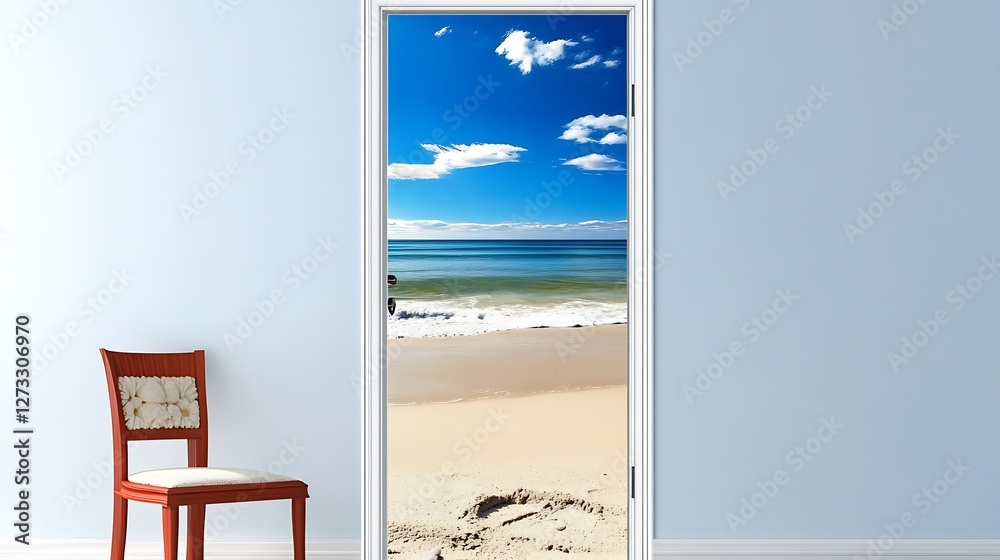 Aufkleber charming beachfront scene visible from open door with bright blue sky and sandy shore : generative a