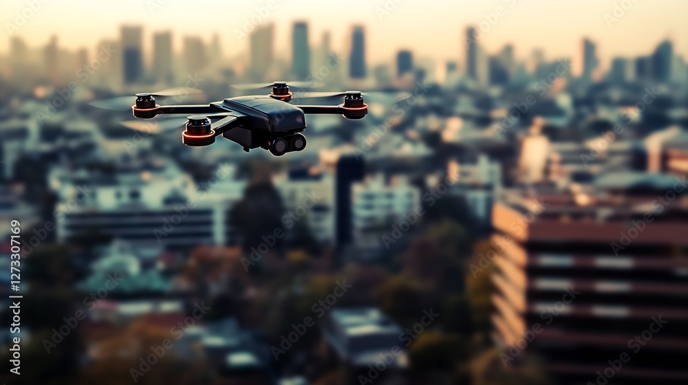 Poster dynamic aerial view of a cutting-edge drone hovering above a vibrant cityscape at dusk : generative 