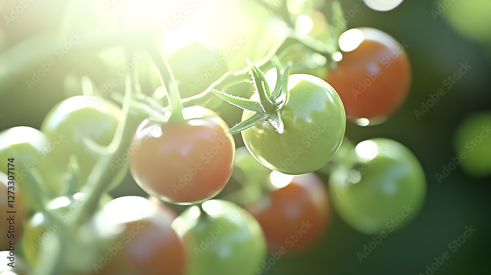 Poster fresh green tomatoes on a vining branch glimmering in sunlight : generative ai