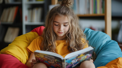 Teenage girl engrossed in reading comic book, sitting comfortably on colorful beanbag chair, lost in illustrated stories