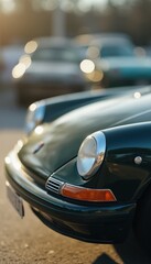 Fototapeta premium Classic car shines in golden sunlight at outdoor event with blurred vehicles in background