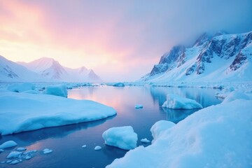 Obraz premium Snowy landscape with frozen lakes and icebergs, snowy landscape, blizzard conditions, frozen lakes