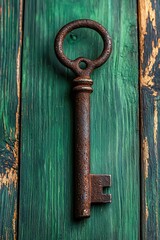 Vintage old rusted Key on green wooden background. Generative Ai