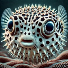 A puffed up pufferfish with expressive eyes and intricate patter