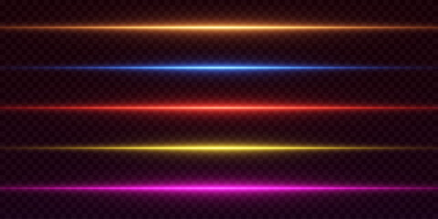 Collection of horizontal neon highlights and line flashes. Vector EPS10