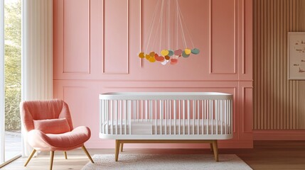 Modern Nursery Decor Featuring Crib Mobile and Pink Walls