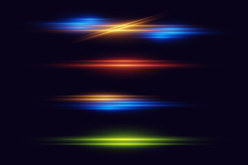 Collection of horizontal neon highlights and line flashes. Vector EPS10