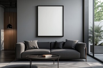 Fototapeta premium Modern Living Room Interior: A sleek and minimalist living room, featuring a cozy gray sofa, a contemporary coffee table, and a blank framed picture. The room is bathed in natural light.
