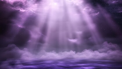 Mystical night sky, purple clouds, light rays, ethereal scene, fantasy backdrop