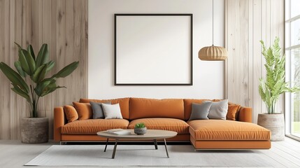 Modern Living Room Interior: Captivating interior with a large orange sofa, potted plants, and a framed space for personalization, evoking comfort and contemporary style.