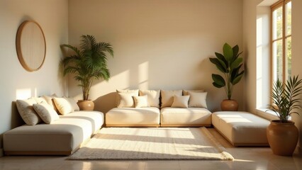 Fototapeta premium Serene Living Room with Neutral Tones and Natural Light, Featuring a Sectional Sofa and Lush Potted Plants