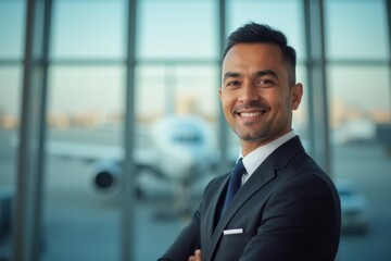 Fototapeta premium Head and shoulders Portrait of an elegant stylish Colombian 50 years old male flight attendant in uniform.