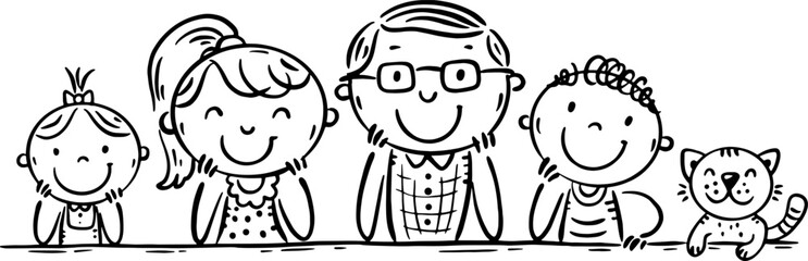 Line drawing happy family border. Outline cartoon illustration