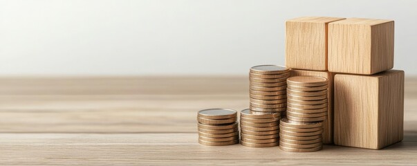 Stacked coins and wooden blocks on a neutral background, representing financial growth and investment opportunities.