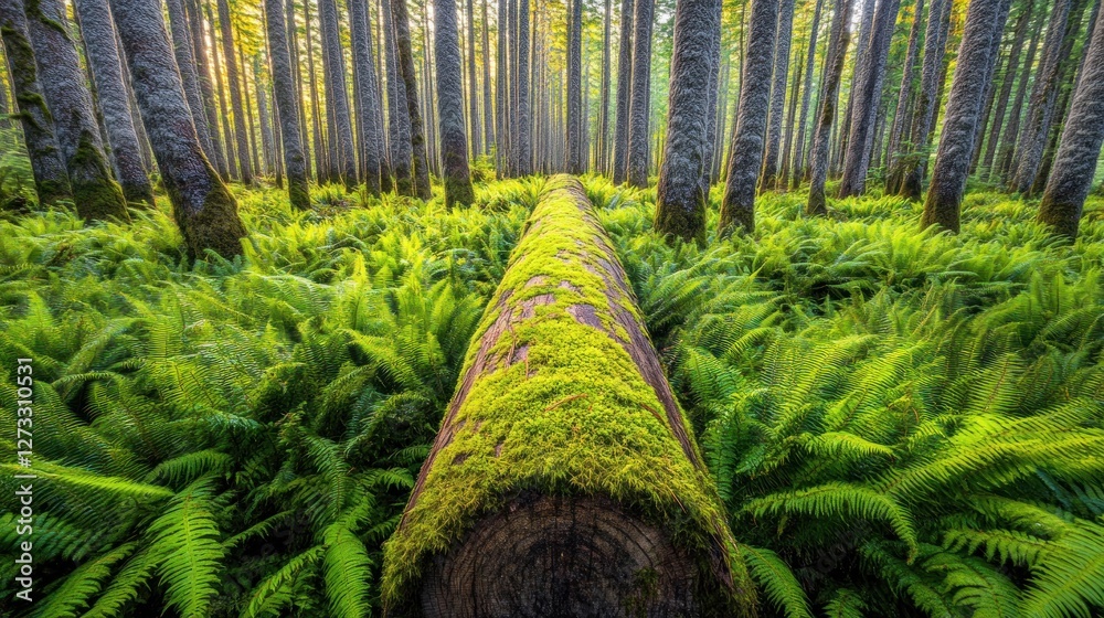 Poster mossy log spans through a forest with ferns abound