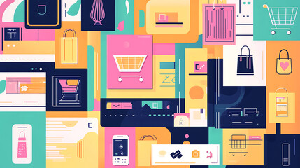 A vibrant collage of shopping icons and elements, showcasing e-commerce themes with bright colors and various product representations.
