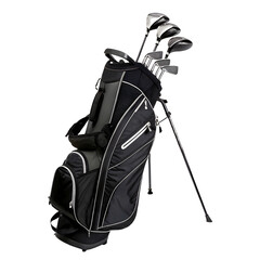 A black golf bag with various golf clubs on a transparent background.