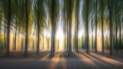 Sunlit forest at sunrise, motion blur effect.