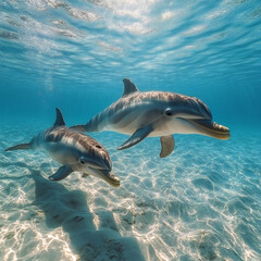 Obraz premium Grey dolphins and sharks swimming in a blue tropical ocean