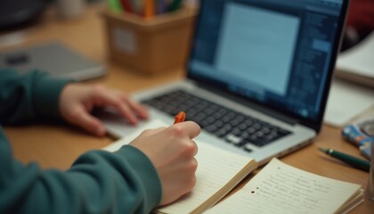 Student taking notes and working on a laptop at a study desk in a quiet environment