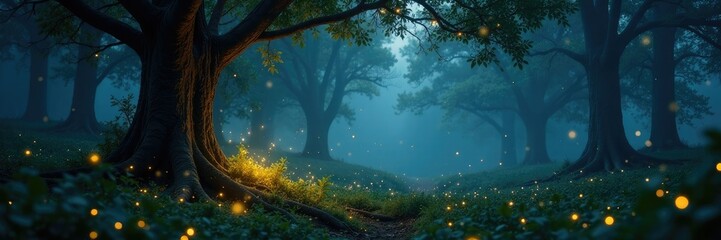 Fototapeta premium Twinkling fireflies surround ancient trees with glowing soft light, woodland ambiance, sparkling fireflies, misty woods
