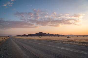 Sunset on the Street of Namibia in the African wilderness (landscape format)