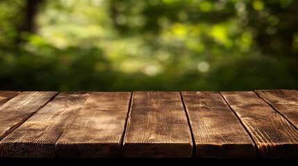 Fototapeta premium Rustic wooden table in a serene forest setting, inviting for outdoor dining or relaxation