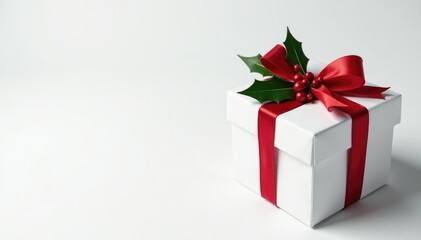 White background gift box with holly berry ribbon, seasonal, holly, ribbon