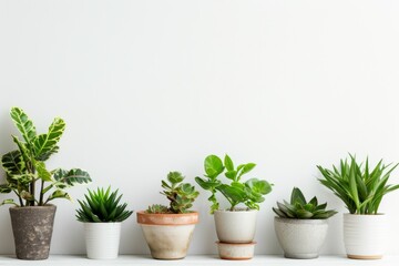 Obraz premium Indoor plants arranged neatly on a shelf in a bright and minimalistic space. Place for text