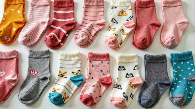 A row of socks with different patterns and colors. Some are striped, some are dotted, and some are plain