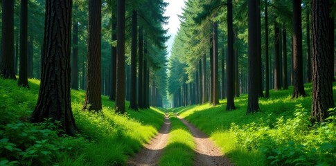 Fototapeta premium Towering pine trees create a majestic green wall along a winding forest path, wilderness, greenery, forest trail