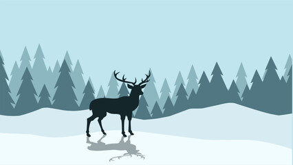 Wildlife landscape of reindeer in a winter scenery. Panoramic view of reindeer on a snowy hill with coniferous trees. Vector illustration of scenic landscape with reindeer on a cold season