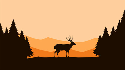 Wildlife landscape of deer silhouette on a mountain ridge scenery. Panoramic view of deer on a hill with coniferous tree. Vector illustration of scenic landscape with deer in the pine forest