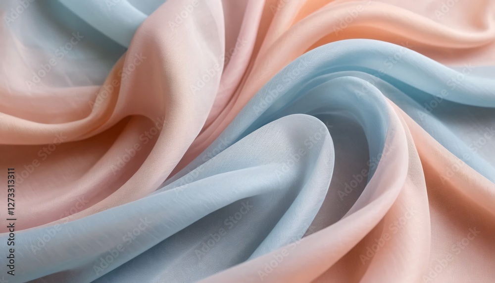 Poster Delicate Pastel Fabric Waves. Soft Pinks and Blues Blend. Translucent Light Gradient. Airy Texture. Dynamic Folds Suggest Movement. Elegance and Tranquility Conveyed. Visually Pleasing Design Element.