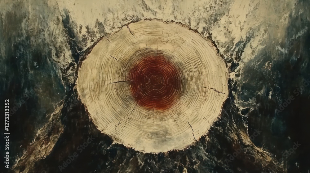 Aufkleber an artistic interpretation of a tree stump with visible rings
