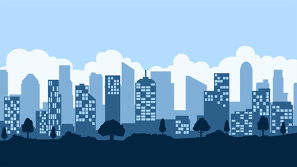 Obraz premium Cityscape of skyline building in the downtown. Scenery of the city landscape with apartment and skyscrapers architecture. Vector illustration of a scenic cloudscape over the city with office buildings