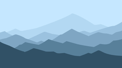 Landscape of mountain range scenery. Panoramic view of mountain peaks and ridges. Vector illustration of scenic landscape with majestic mountain range and ridges under dark blue sky