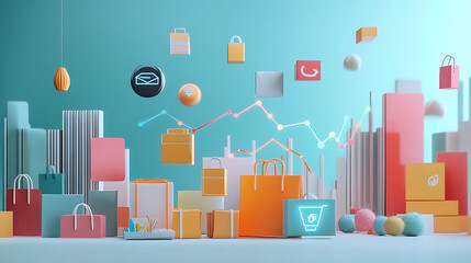 A colorful, abstract representation of a shopping cityscape featuring various shopping bags, icons, and playful elements against a vibrant background.