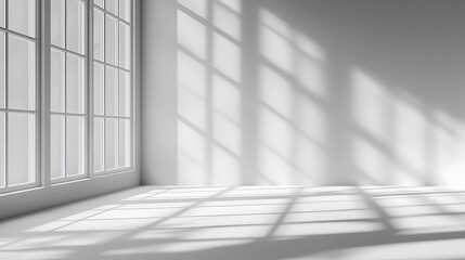 Bright room with large windows casting shadows on the white wall and floor. Interior design