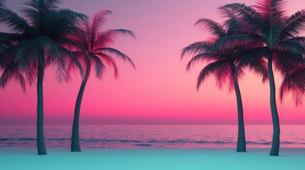 3D Rendering of Palm Trees on Sandy Beach at Sunset in High Fidelity