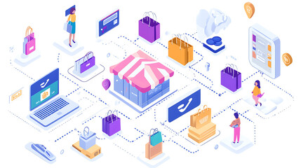 A vibrant illustration depicting an online shopping ecosystem with a central store, digital devices, packages, and shoppers engaging in e-commerce activities.