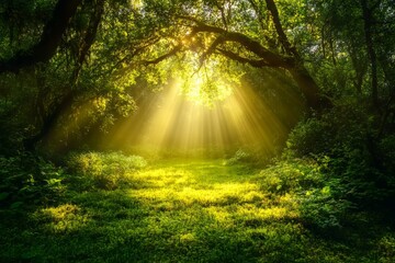 Sunlight streaming through dense forest foliage illuminating a clearing